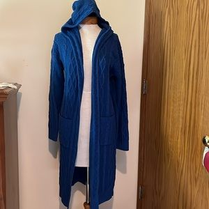 Blue knit long cardigan with hood